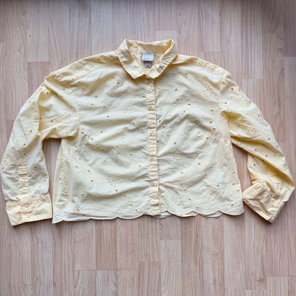 Butter Yellow 100% Cotton Eyelet Button Down Crop Blouse Long Sleeve